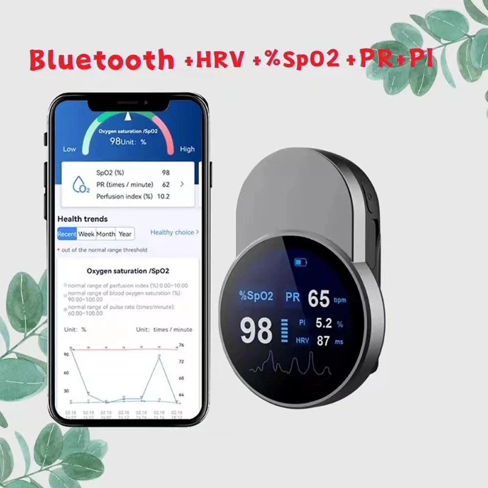 Bluetooth Pulse Oximeter Rechargeable SpO2 Monitor HRV App Tracking