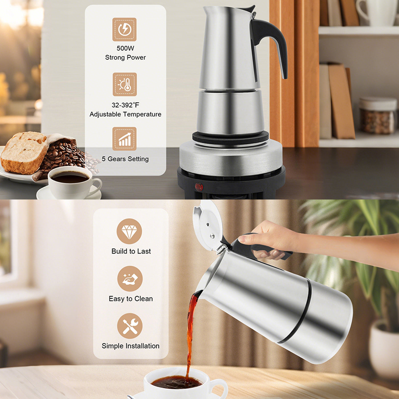 PeviComak Electric Coffee Percolator 304 Stainless Steel with 5-Gear Temp Control