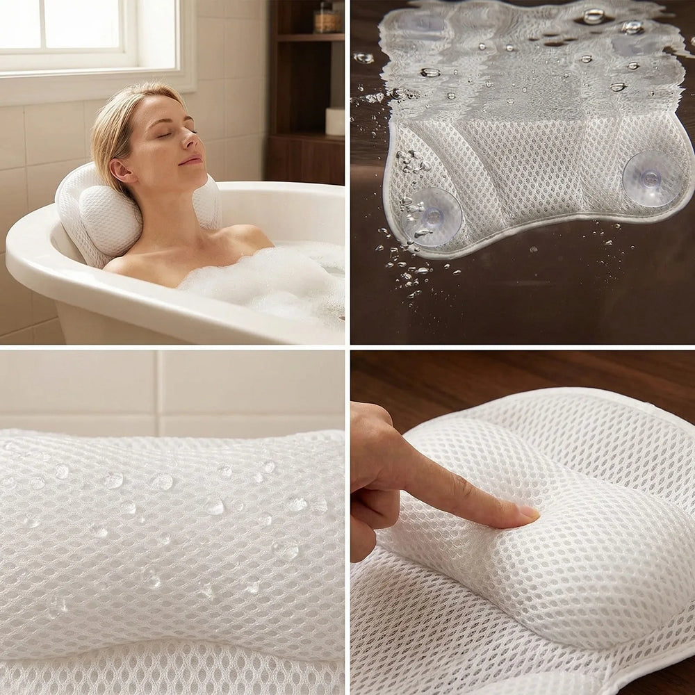 PilivKaxi Bath Pillow with 4D Air Mesh Neck and Back Support Non-Slip Suction Cups for Spa Relaxation
