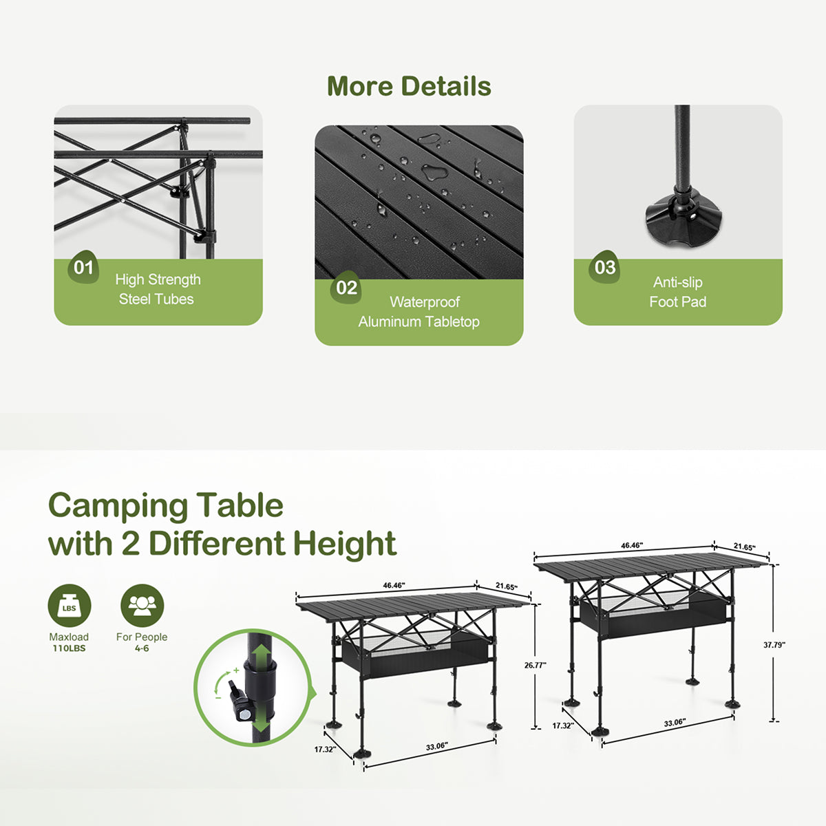 PimiTabix Folding Picnic Table | Lightweight & Adjustable Camping Table