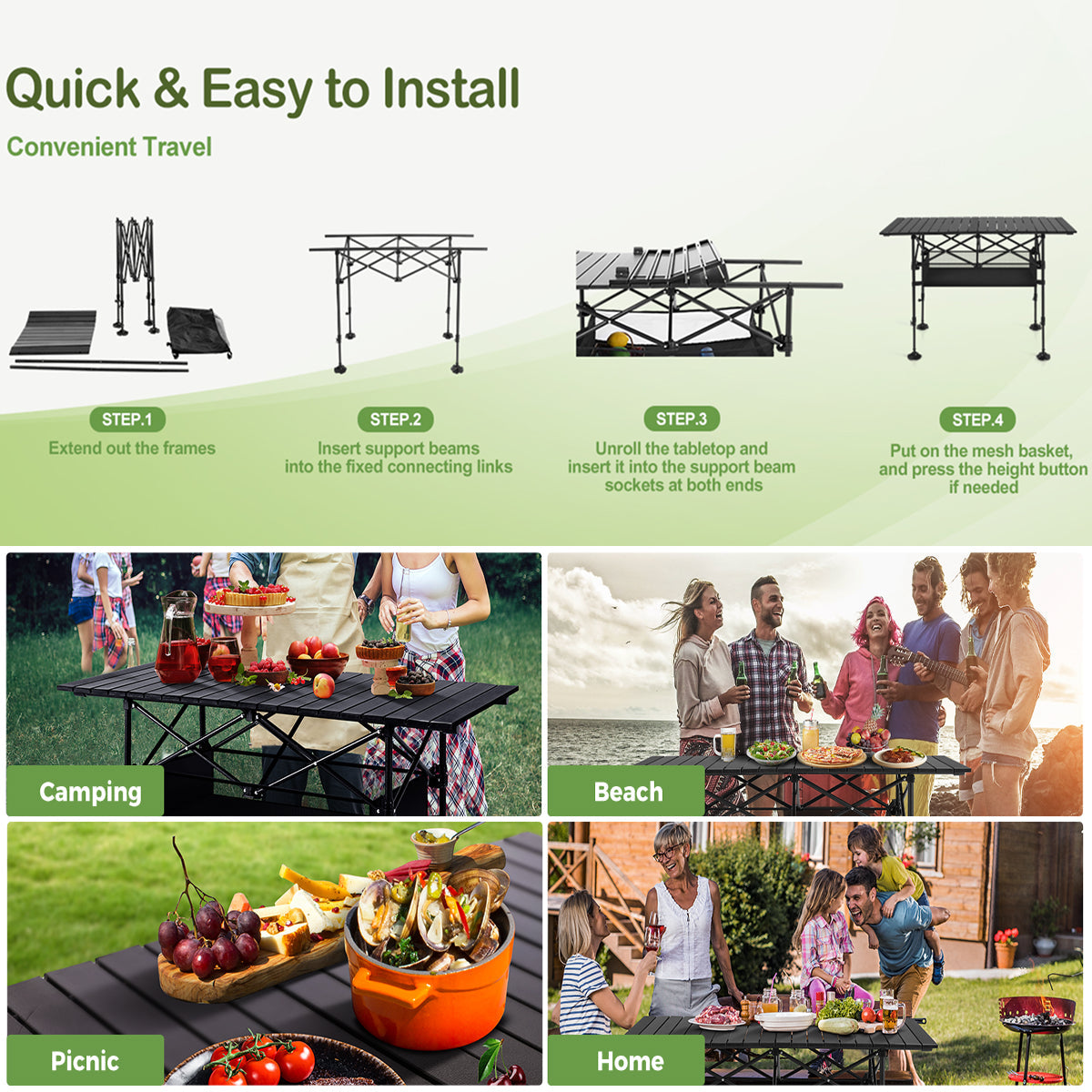PimiTabix Folding Picnic Table | Lightweight & Adjustable Camping Table