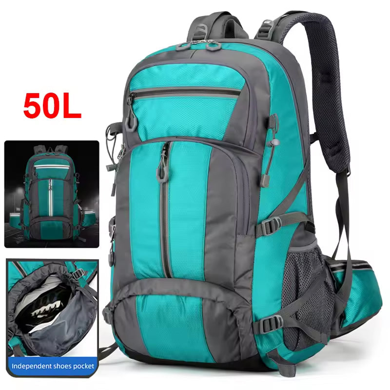 PionNomad 50L Hiking Backpack with Shoe Compartment Waterproof Nylon 15.6