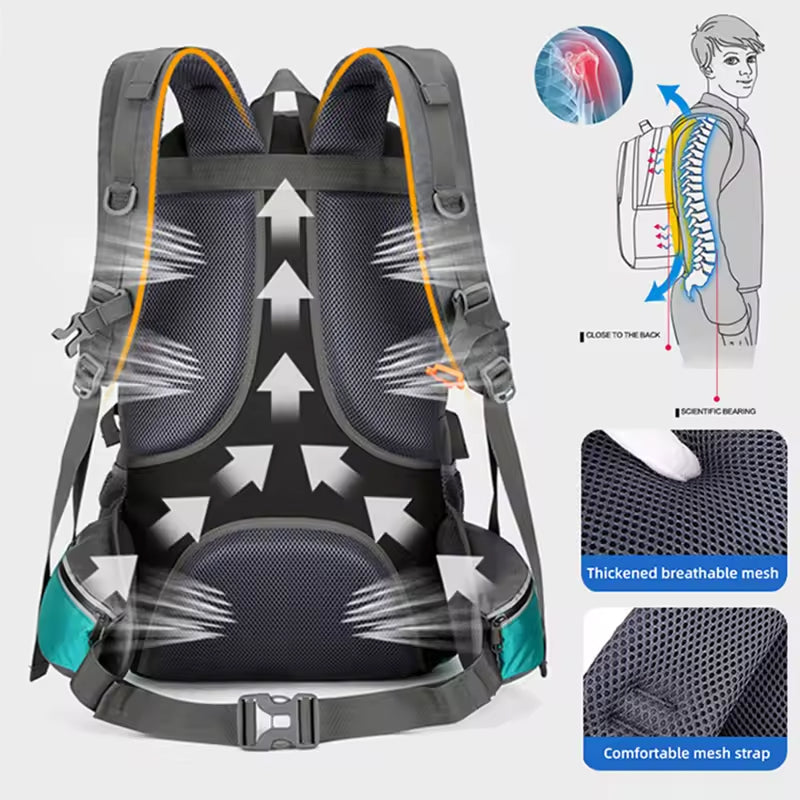 PionNomad 50L Hiking Backpack with Shoe Compartment Waterproof Nylon 15.6