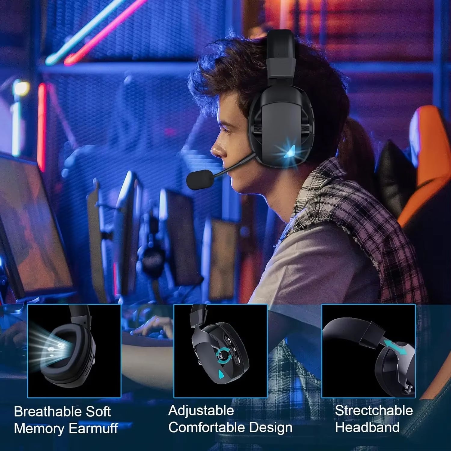 Playasish Gaming Headset 3D Surround Sound 50mm Drivers 36H Battery for PS4/5 PC and VR