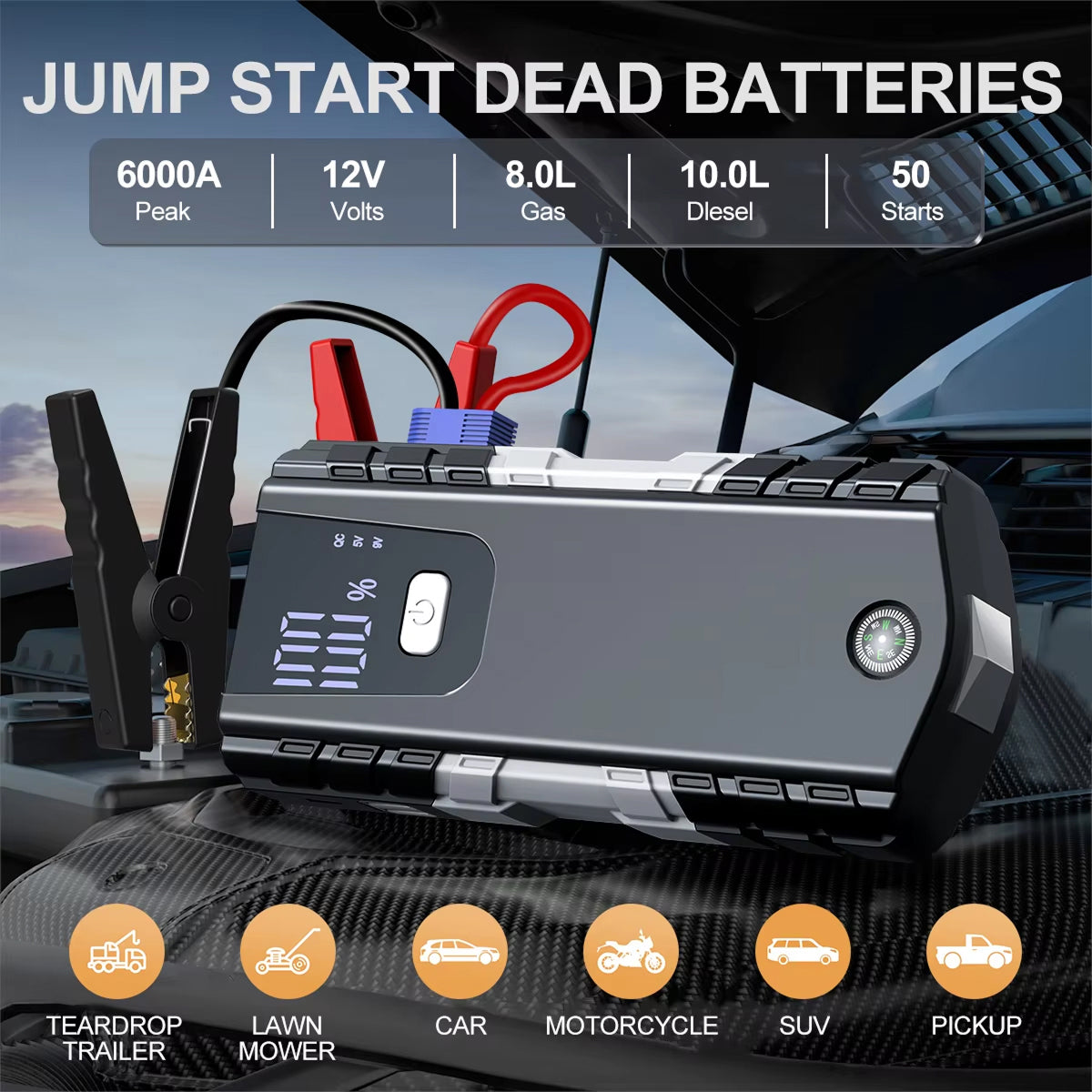 RoadiPack Portable Car Battery Jump Starter - 6000A Peak Current 12V Lithium Jump Box with LED Flashlight, Safety Hammer, and Dual USB Fast Charging