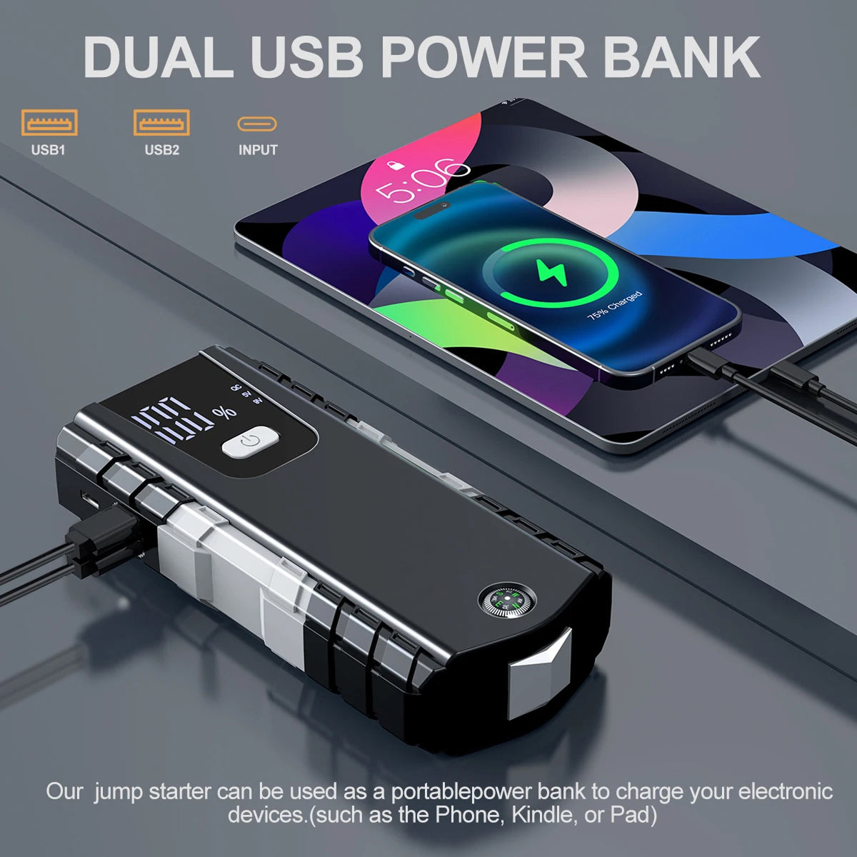 RoadiPack Portable Car Battery Jump Starter - 6000A Peak Current 12V Lithium Jump Box with LED Flashlight, Safety Hammer, and Dual USB Fast Charging