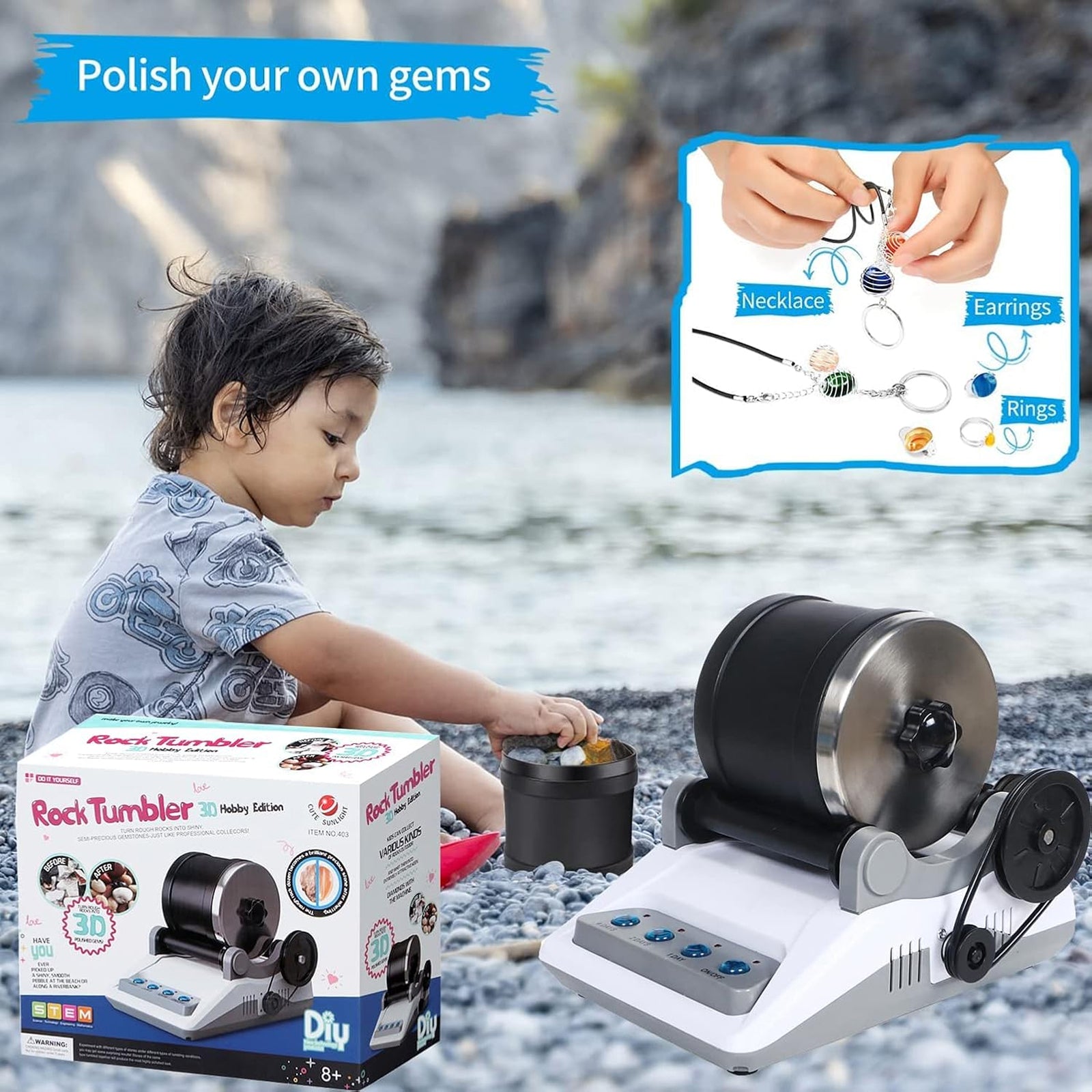 RociPolis Rock Tumbler Kit Professional Quiet Leak-Proof Barrel with Gems & Grit