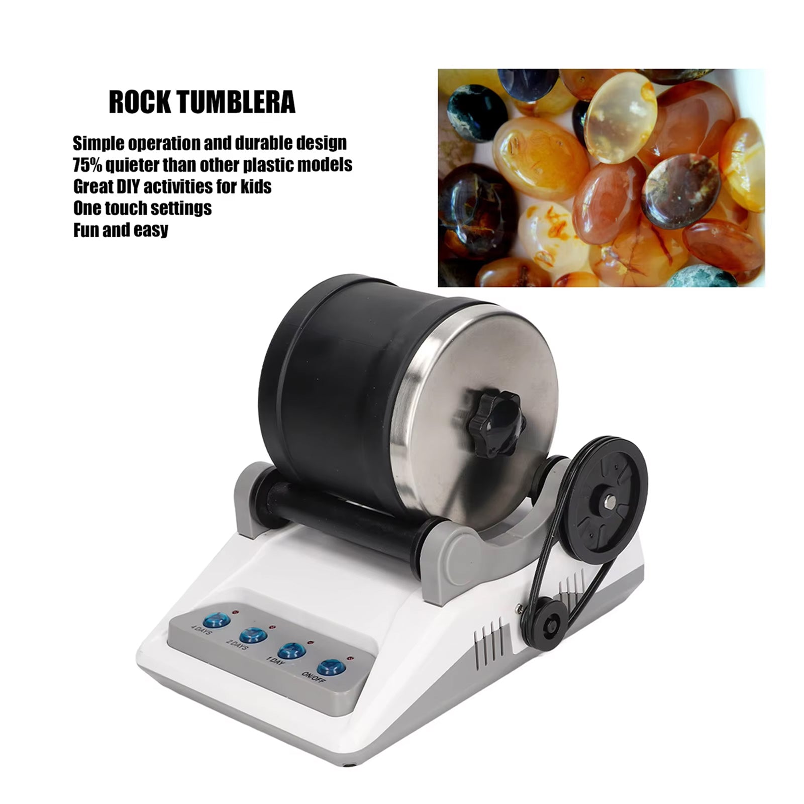 RociPolis Rock Tumbler Kit Professional Quiet Leak-Proof Barrel with Gems & Grit