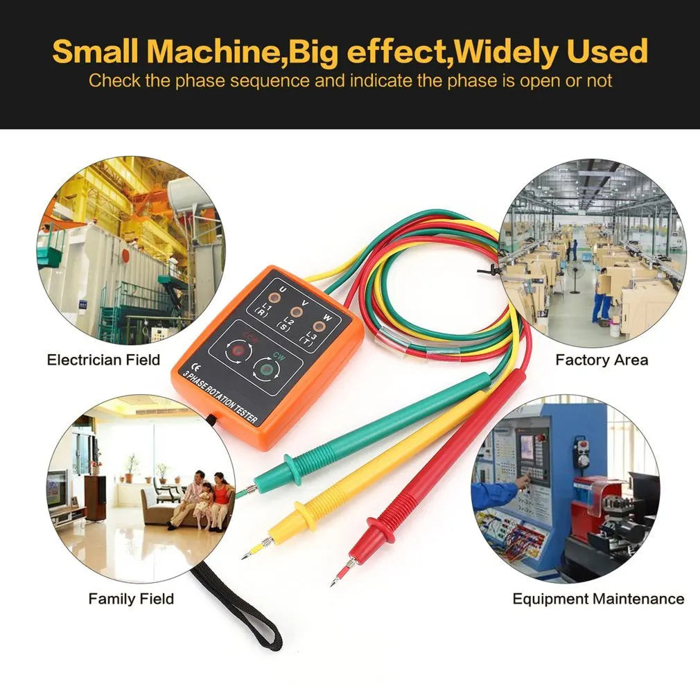 3 Phase Rotation Tester 60V-600V AC Sequence Indicator Meter with LED Buzzer Alligator Clips RotexLevi