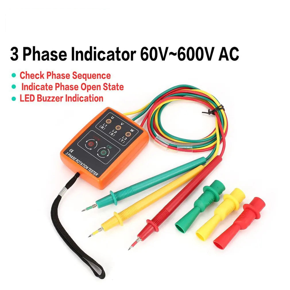 3 Phase Rotation Tester 60V-600V AC Sequence Indicator Meter with LED Buzzer Alligator Clips RotexLevi