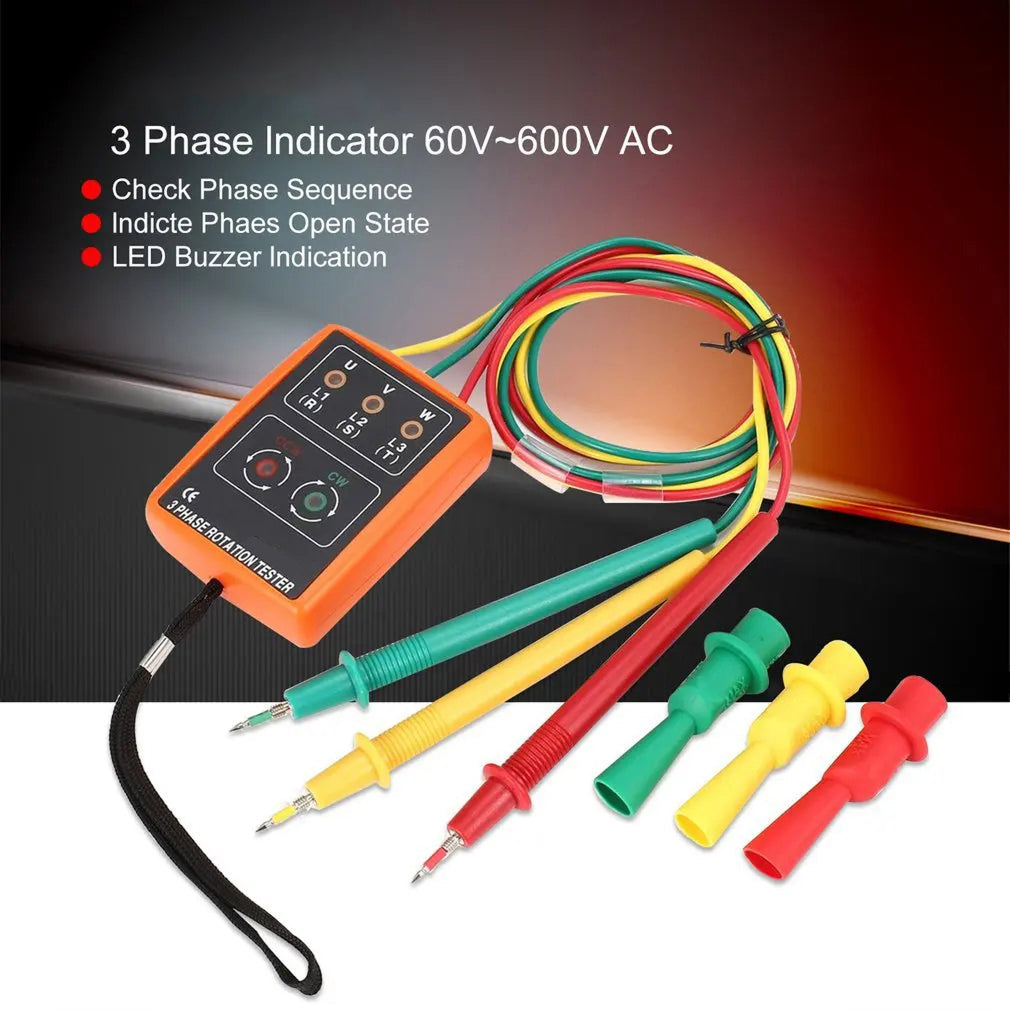 3 Phase Rotation Tester 60V-600V AC Sequence Indicator Meter with LED Buzzer Alligator Clips RotexLevi