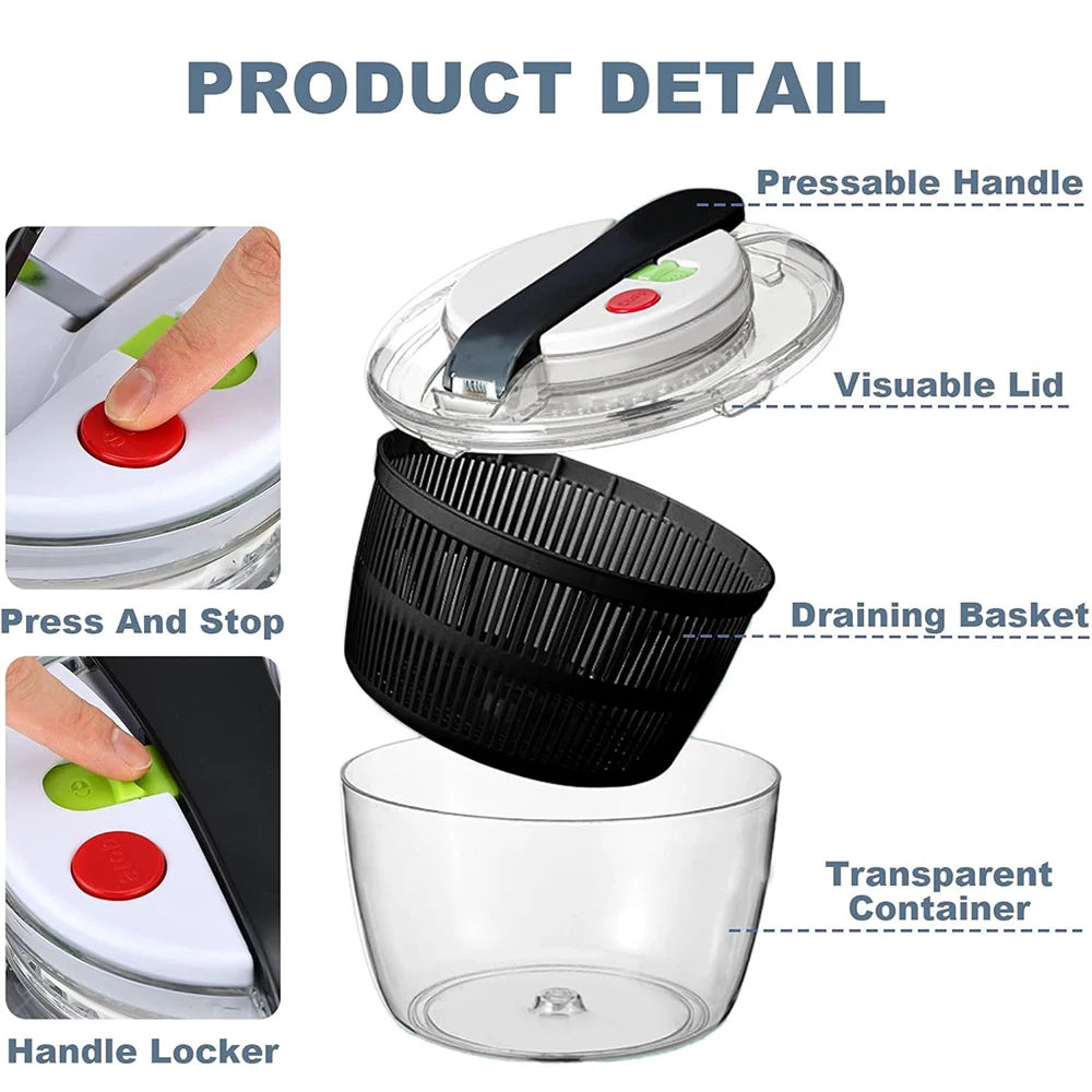 SpiSalix Salad Spinner 3L Large Capacity with Instant-Stop Button and Non-Slip Base