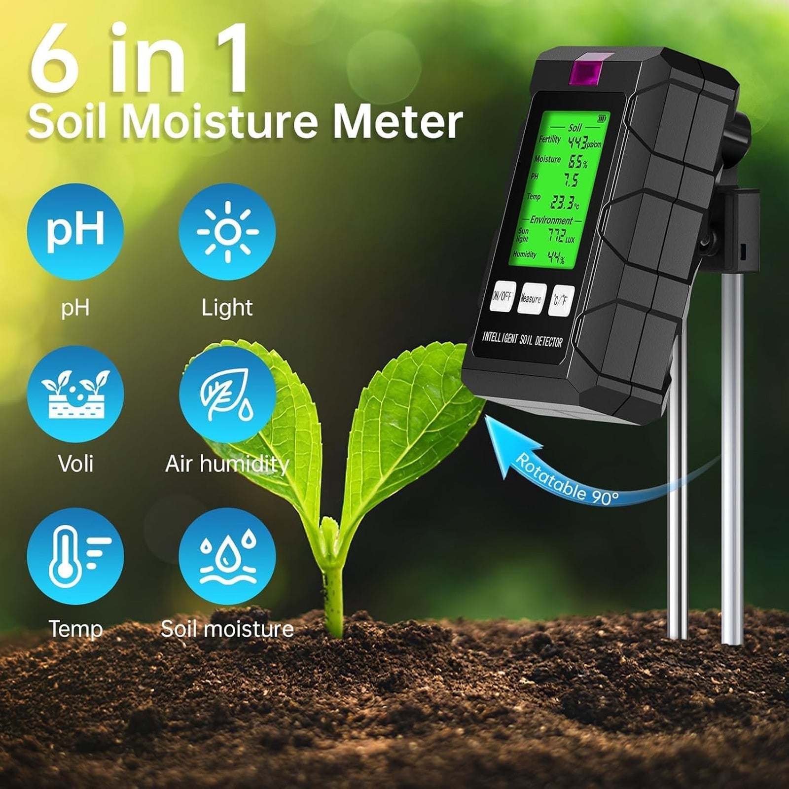 TagTerro 6-in-1 Soil Tester - Professional NPK, pH, Moisture, Temperature, Light & Humidity Meter with 90° Rotatable LCD and 180mm Deep Probes