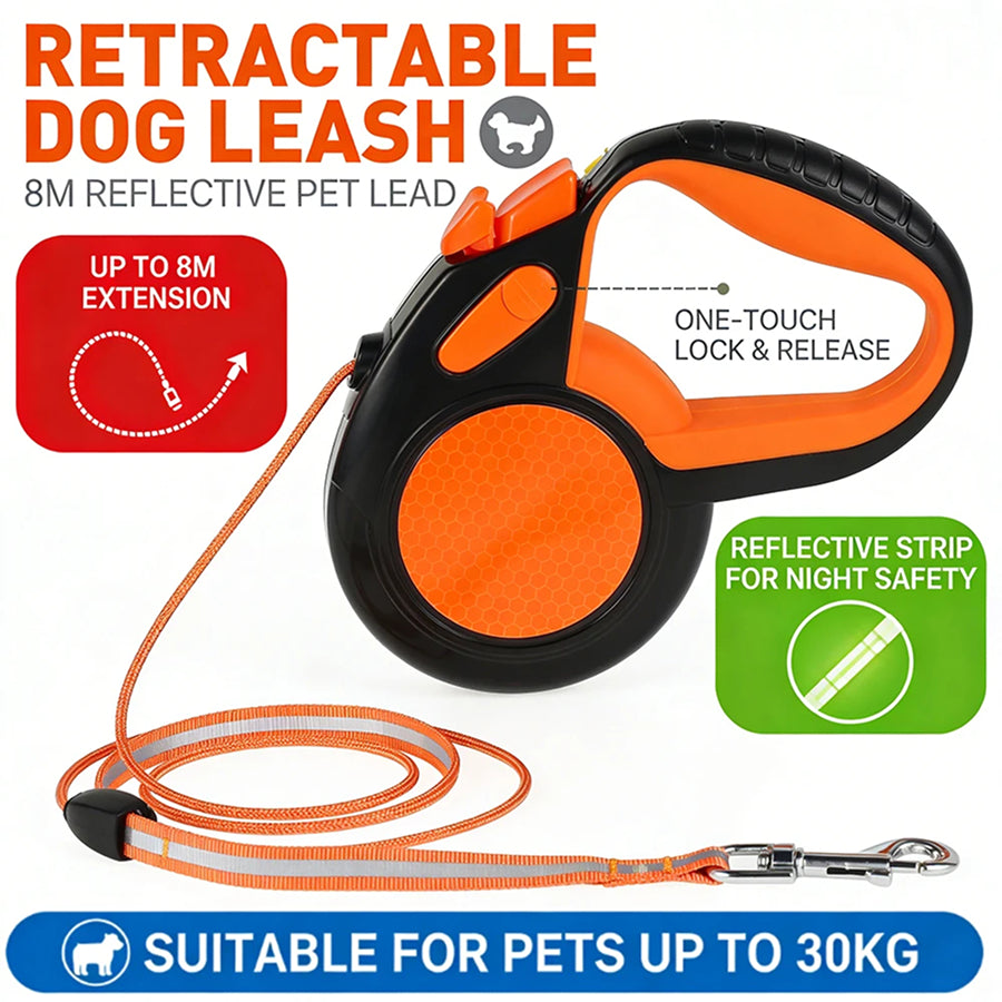 TanisPup 8-Meter Extra-Long Retractable Dog Leash with Reflective Tape, One-Button Lock and 30kg Heavy-Duty Capacity