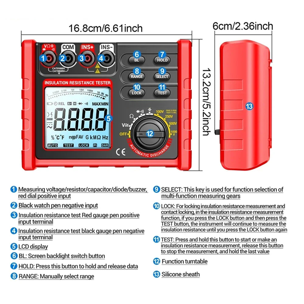 Digital Insulation Resistance Tester 100V-1000V Megohmmeter 6000 Count Data Hold Auto-Discharge TeriLimax