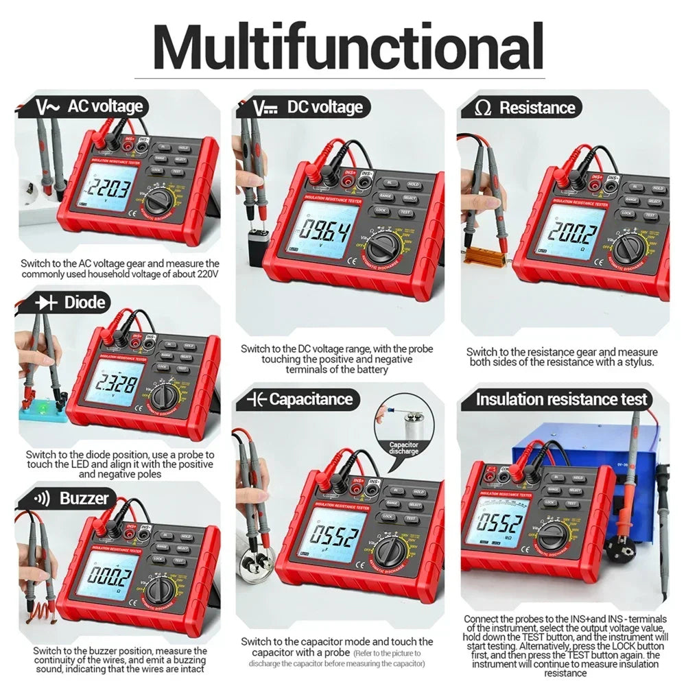 Digital Insulation Resistance Tester 100V-1000V Megohmmeter 6000 Count Data Hold Auto-Discharge TeriLimax