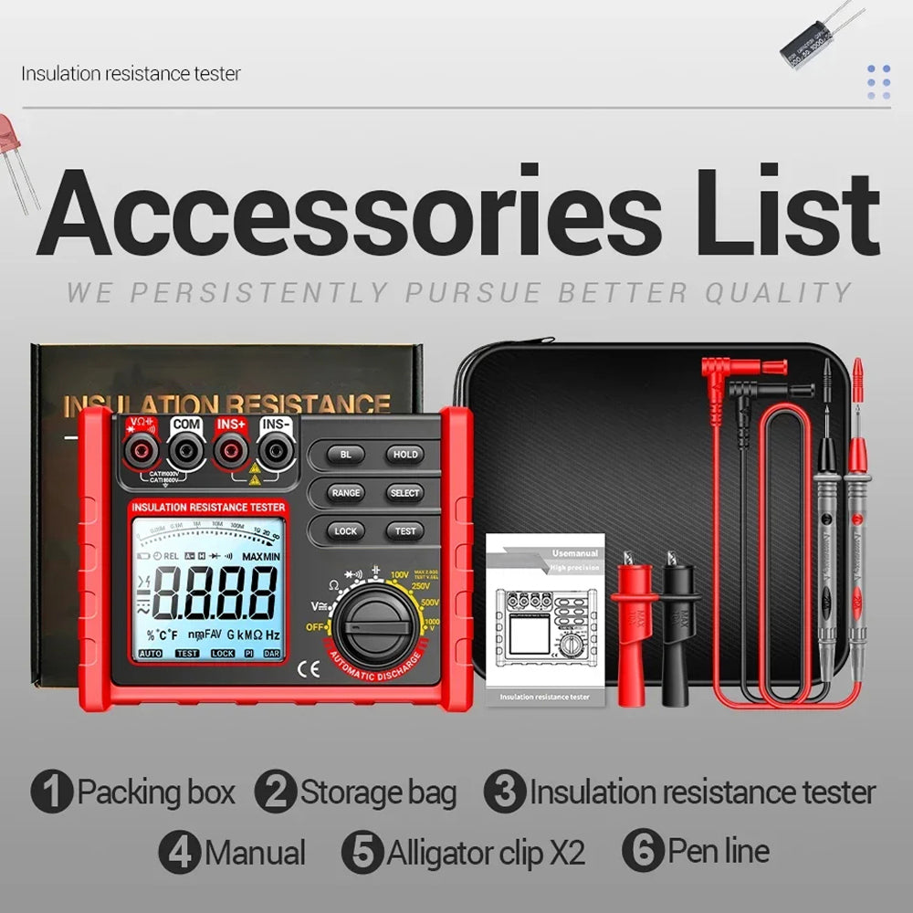 Digital Insulation Resistance Tester 100V-1000V Megohmmeter 6000 Count Data Hold Auto-Discharge TeriLimax