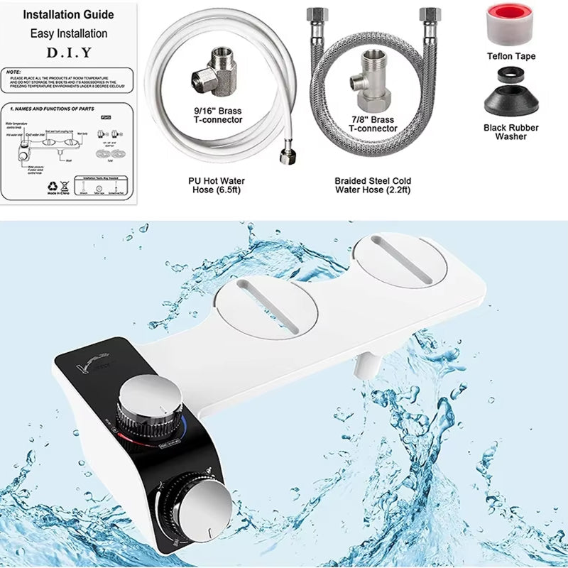 TidoPrime Bidet Attachment for Toilet - Dual Temperature Hot and Cold Water Mixer, Self-Cleaning Dual Nozzle, Ultra-Thin 0.24-inch