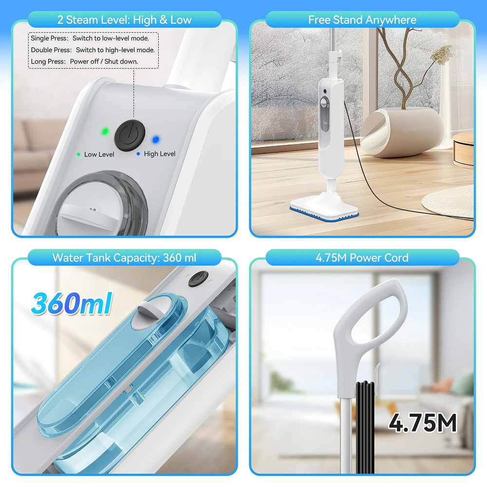 TimixGix 6-in-1 Floor Steamer 212°F Germ Elimination 15s Fast Heat-Up with 360ml Tank and 180° Swivel Head