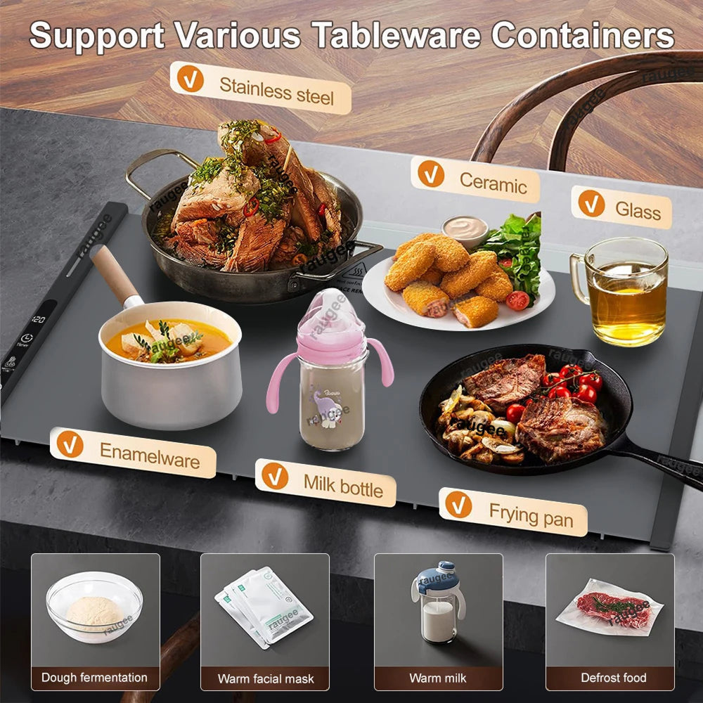 Electric Warming Tray Rollable Silicone 8 Temp 8h Timer