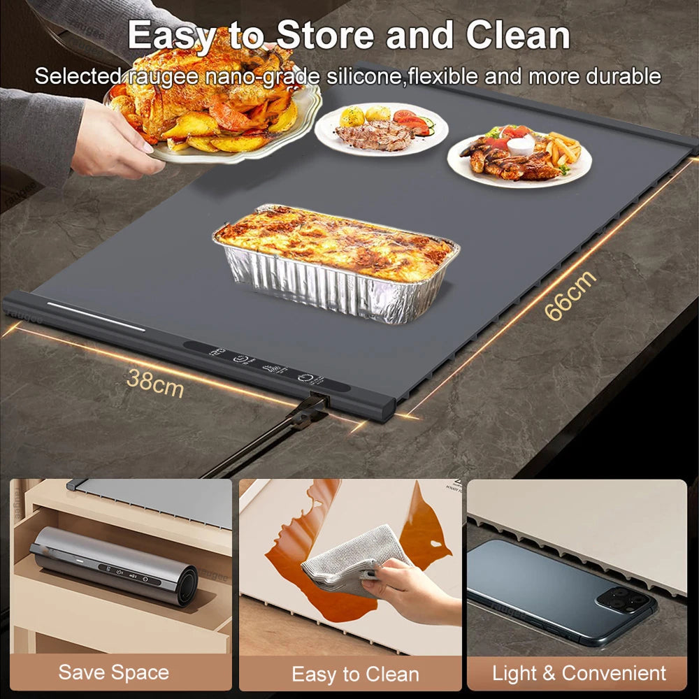 Electric Warming Tray Rollable Silicone 8 Temp 8h Timer