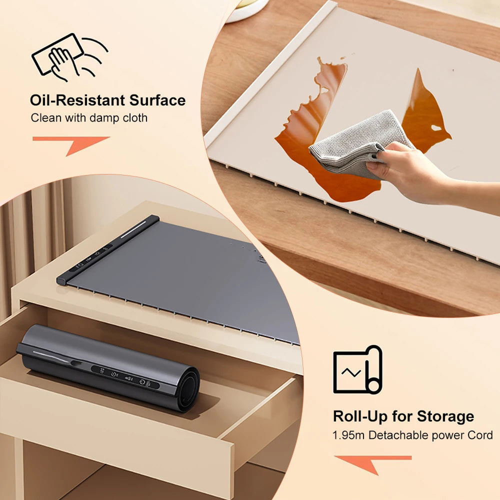 Electric Warming Tray Rollable Silicone 8 Temp 8h Timer