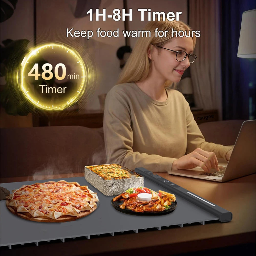 Electric Warming Tray Rollable Silicone 8 Temp 8h Timer