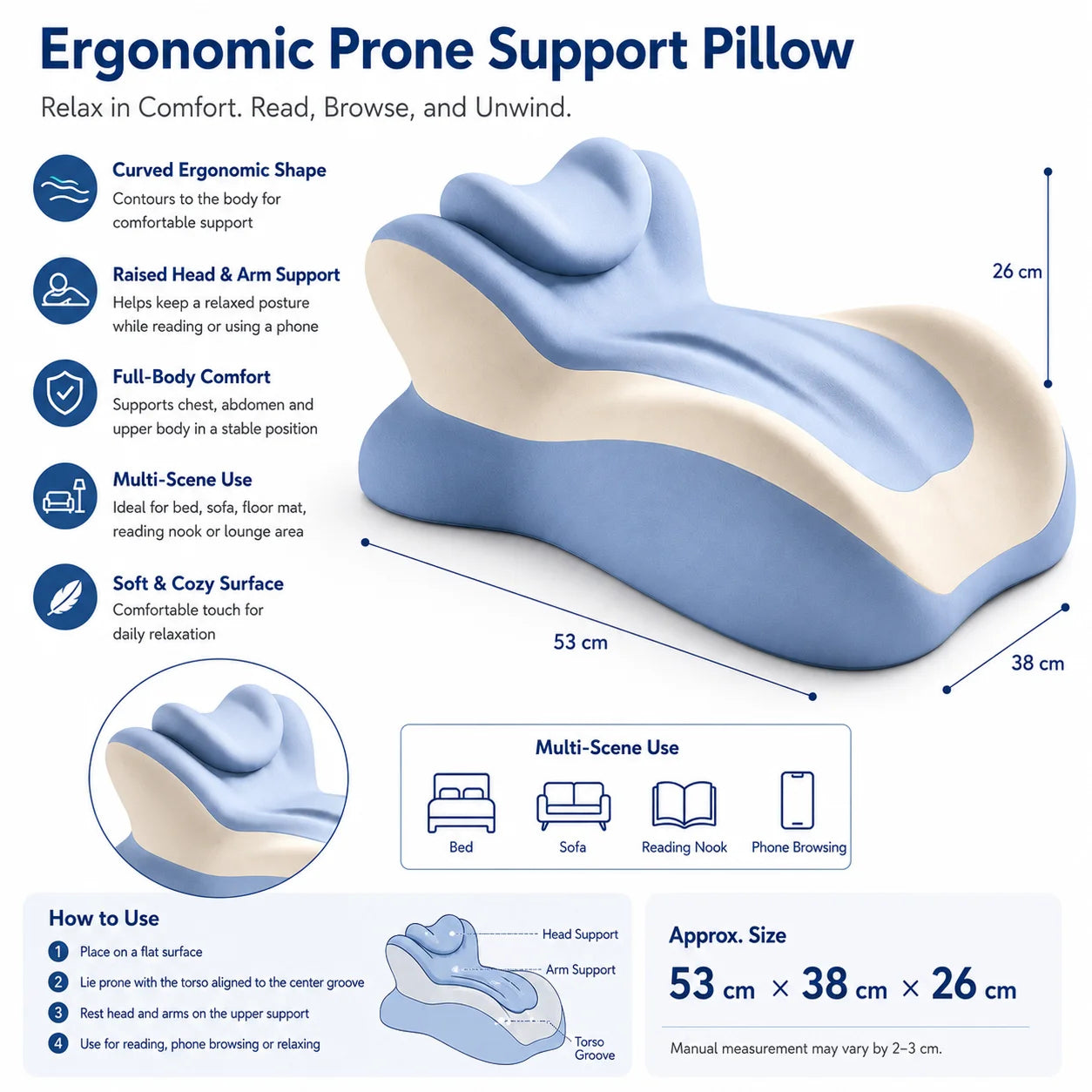VaelisFen Ergonomic Reading Pillow Memory Foam Bed Back Support with Armrests