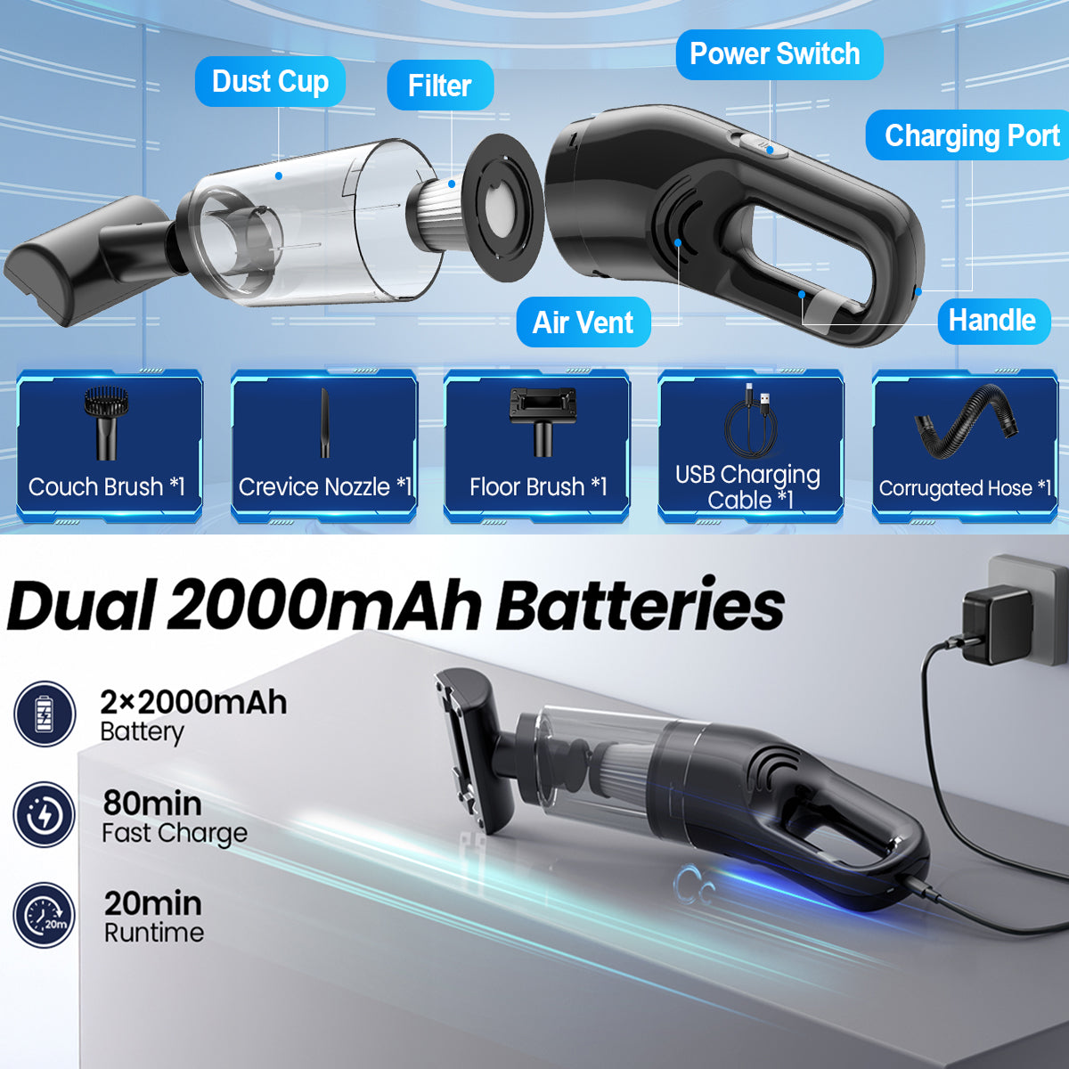 VamixLi Cordless Handheld Vacuum 26,000 PA Suction 80-Min Fast Charge Under 500g Portable