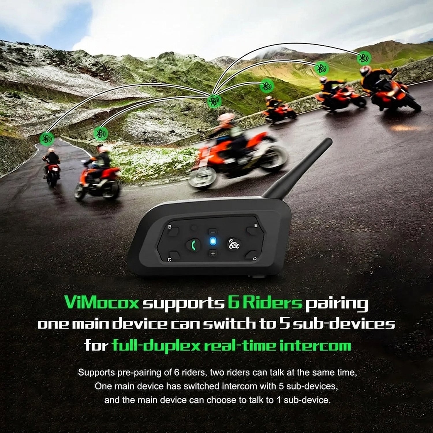 ViMocox Motorcycle Bluetooth Intercom 800m Range IP67 Waterproof 6-Rider Headset