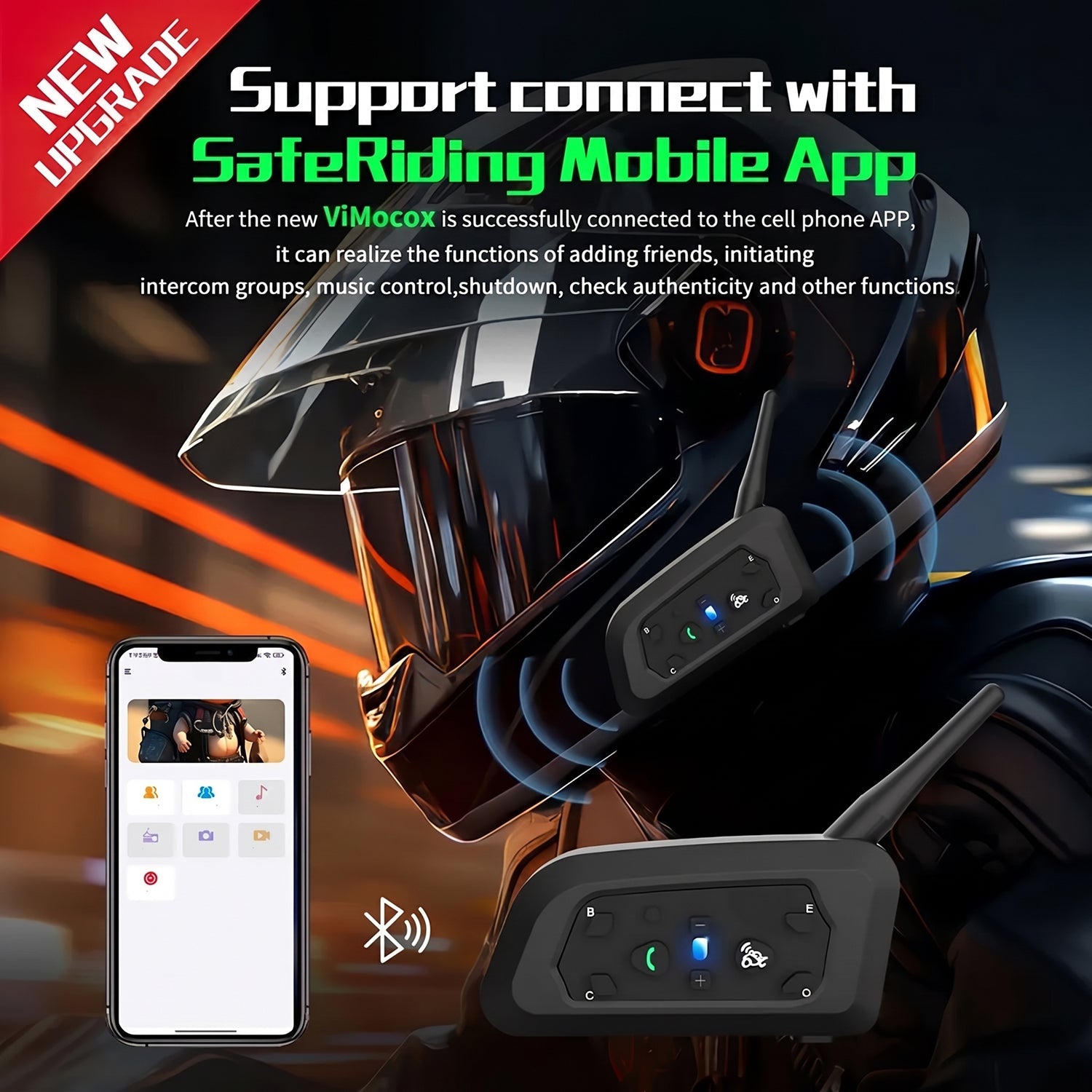 ViMocox Motorcycle Bluetooth Intercom 800m Range IP67 Waterproof 6-Rider Headset