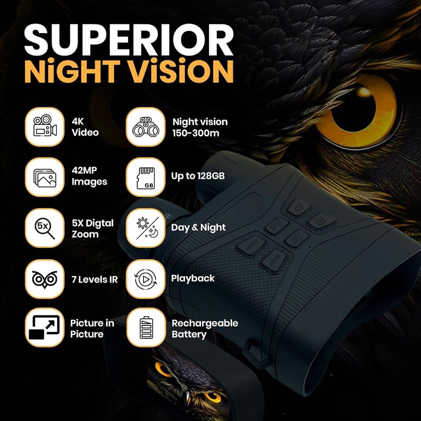 ViewCliq 4K Night Vision Goggles 42MP Digital Binoculars 5000mAh Rechargeable 3