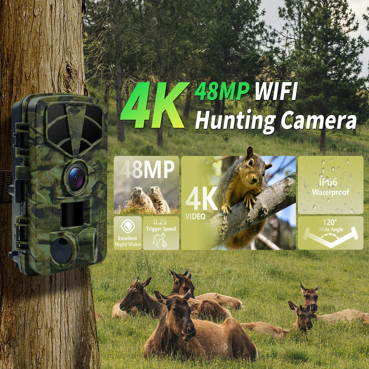 VixTralix 4K Trail Camera - 48MP Wildlife Game Camera with WiFi Bluetooth App Control, 0.2s Trigger Speed, 32GB Storage